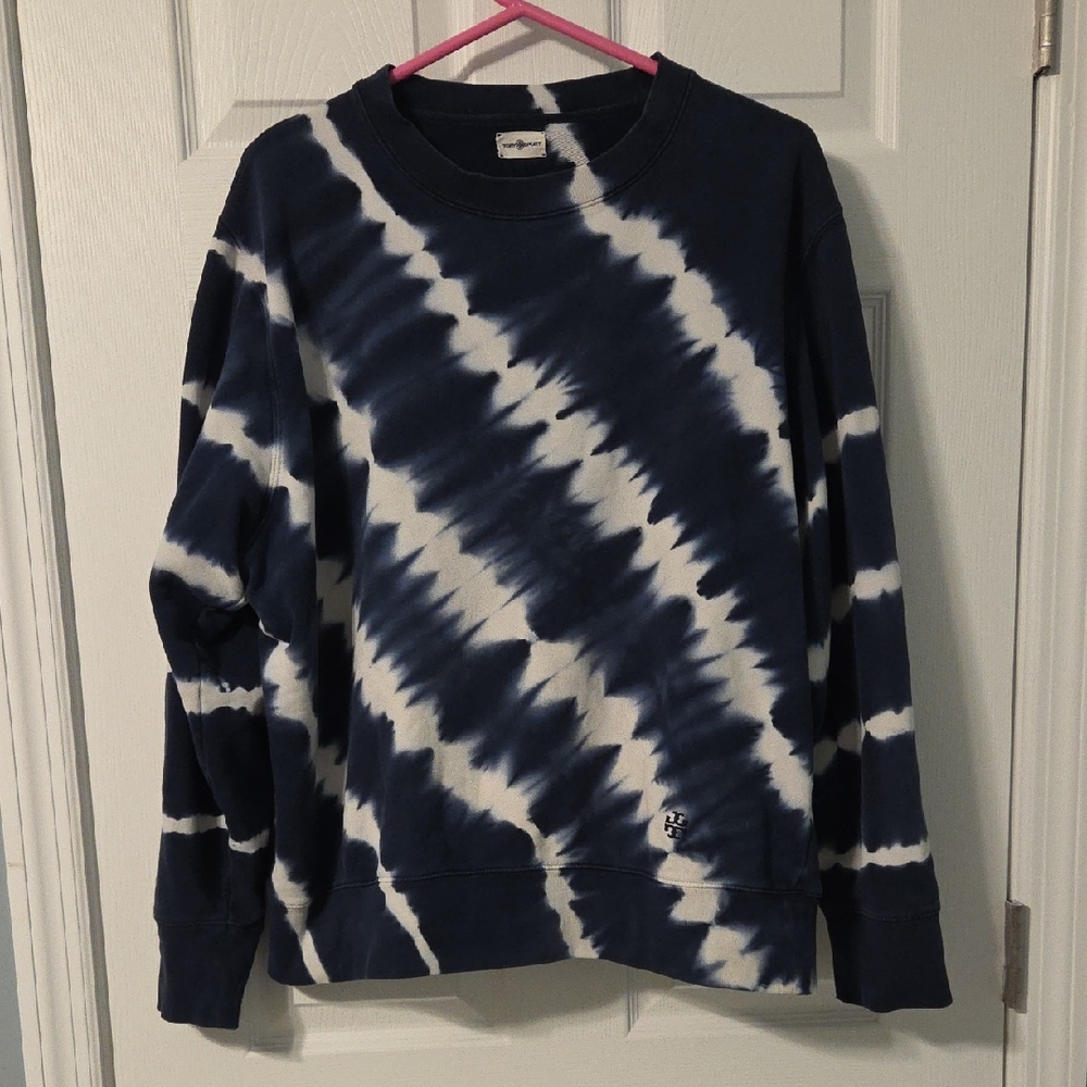 Tory Burch Sport 100% Cotton Navy & White Tye Dye Crew Neck Sweatshirt XL